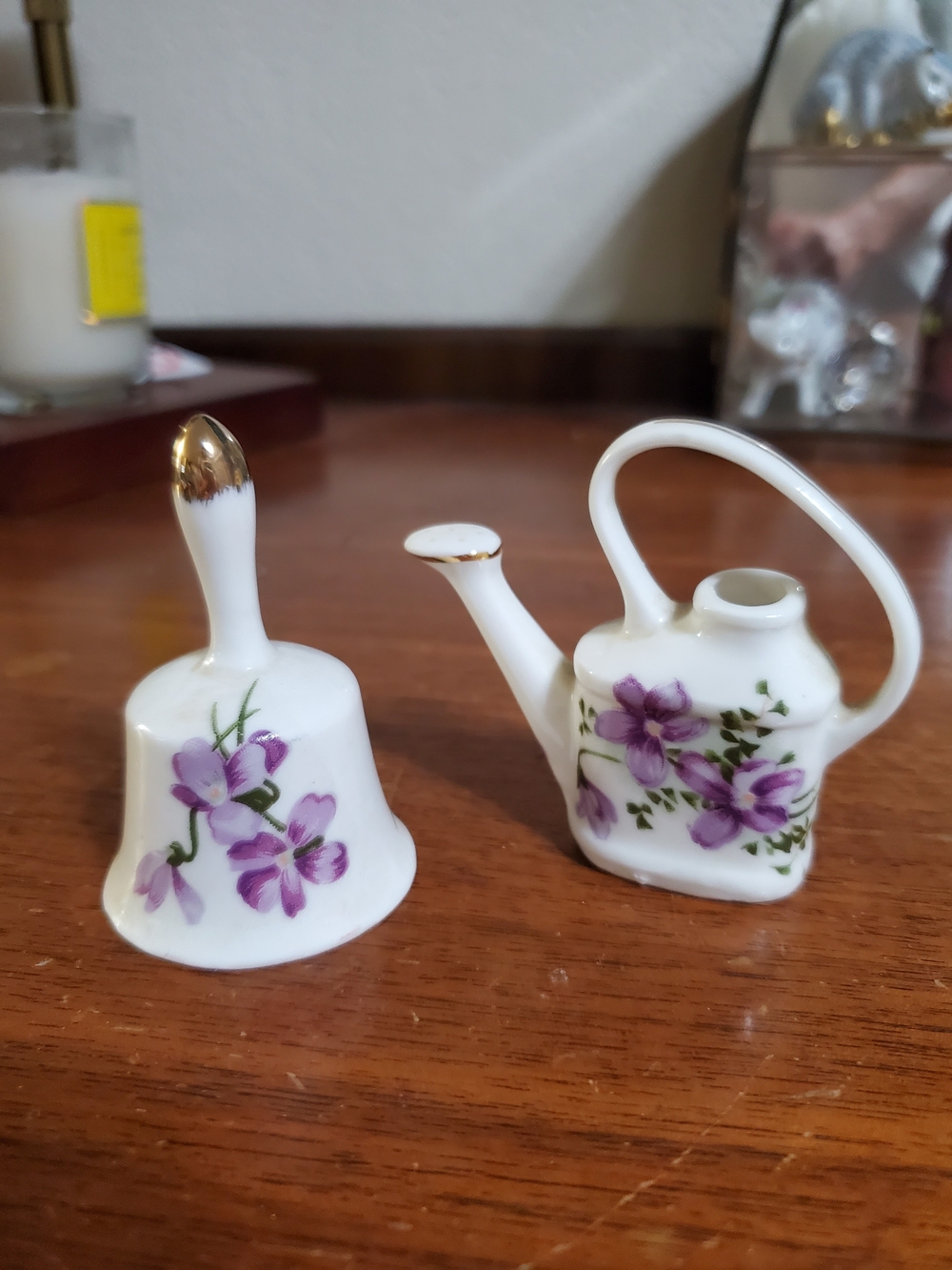 White Porcelain Mini Bell & Watering Can Set with Purple Floral Accents